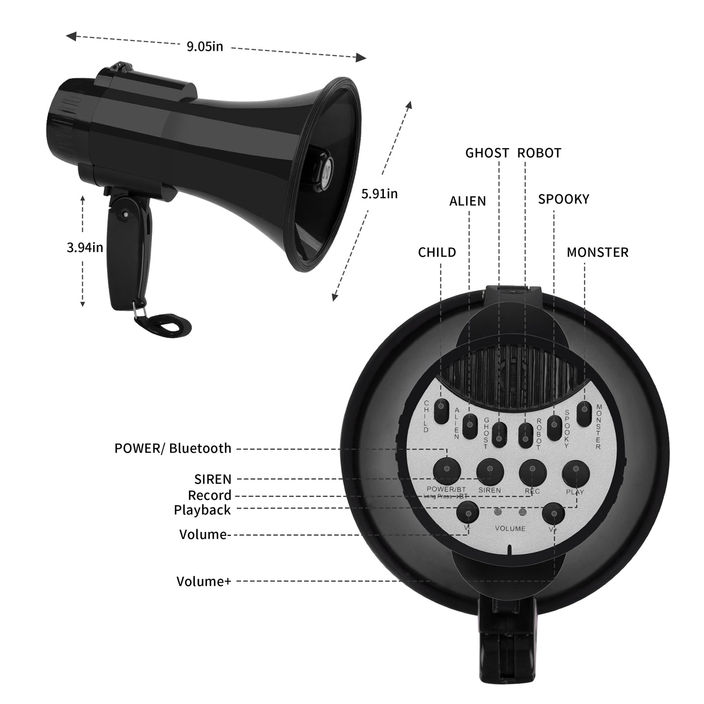 MGROLX MMGROLX 30w Megaphone Bullhorn | Loud Speaker w/ 6 Different Sound Effects | Built-in Bluetooth Mode, Siren and Recording | Voice Changer Function for Outdoor Sports, Party, Kids(Black)