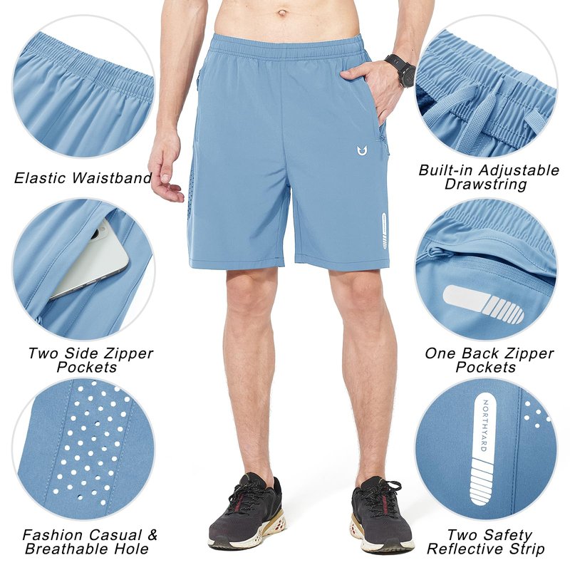 NORTHYARD Men's Athletic Running Shorts Gym Workout 7"/9"/5" Quick Dry Lightweight Sports Basketball Tennis 3 Zipper Pockets SkyBlue 2XL