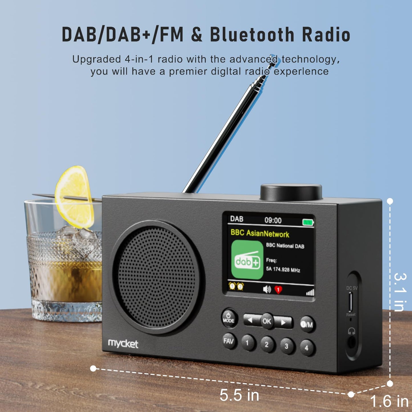Mycket DAB Radio Portable, DAB Plus Digital Radios with Bluetooth, USB Rechargeable FM Radios, Battery Powered Small Radio,Dual Alarms Clock,Sleep Timer, 40 Presets Stations, 2.4" Large Colour Display