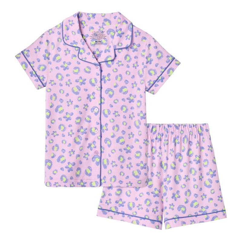 Cuddl Duds Girls Matching 2 Piece Pajamas Set - Short Sleeve Button Down Pajama Shirt and PJs Shorts Sets for Kids - Super Soft & Lightweight Jersey Fabric, Purple Cheetah Print, Large Size 10 12