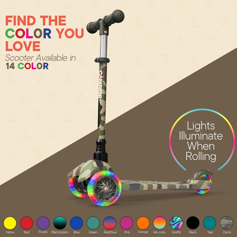 Camo Mini 3 Wheel Scooter for Kids – Lean-to-Steer with LED Light-Up Wheels, Adjustable Handlebar, Wide Anti-Slip Deck, Smooth PU Wheels, Rear Foot Brake – Toddler Scooter for Ages 2+
