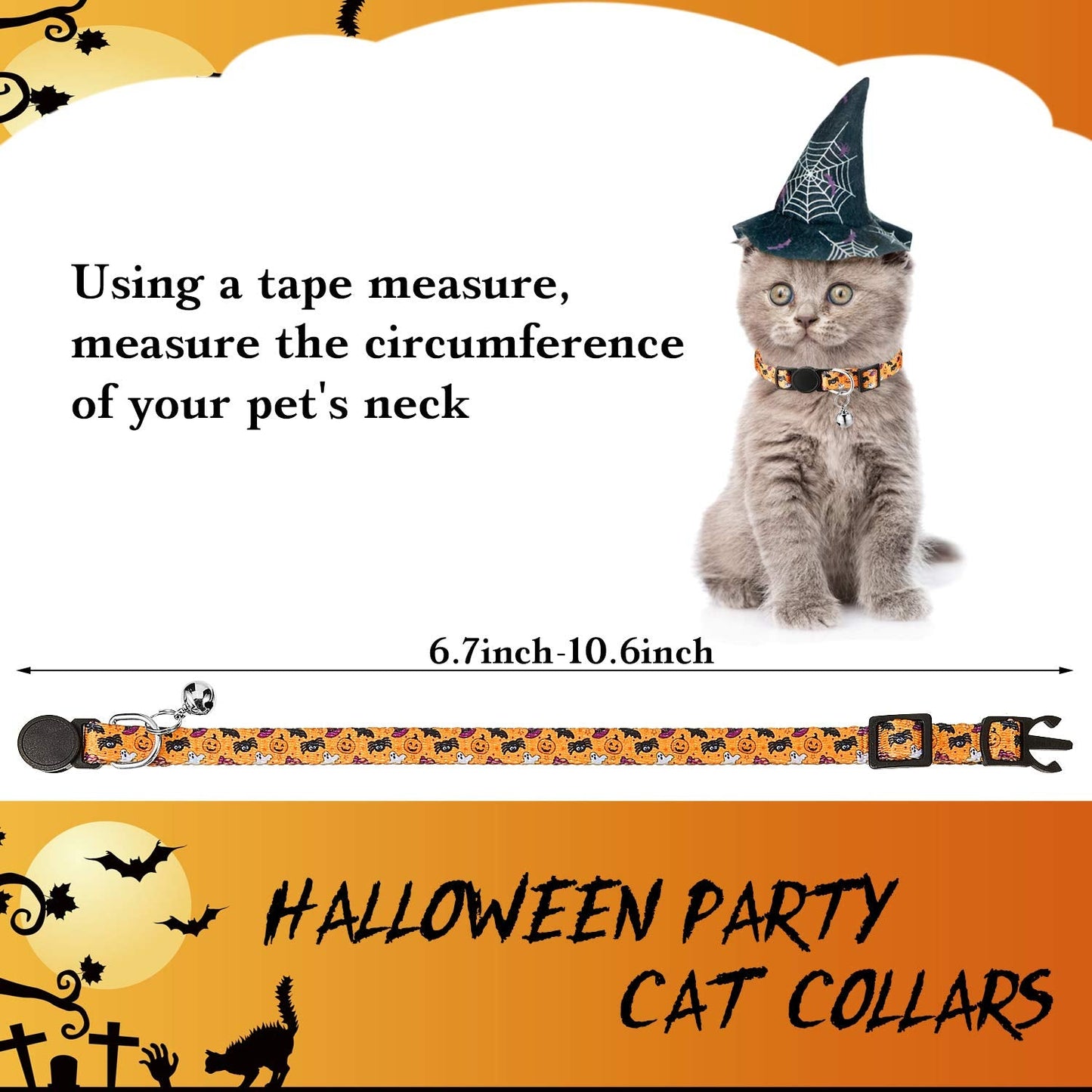 Weewooday 6 Pieces Halloween Cat Collar, Breakaway Cat Collars with Bell, Safety Buckle Soft Adjustable Pet Collar with Skull Pumpkin Patterns for Kitten Kitty Halloween Christmas Party