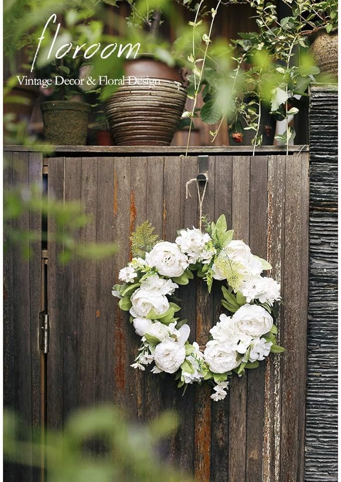 Floroom Floral Wreath, Artificial White Peony Wreath, 15"-16" Front Door Decorations Wall Decor