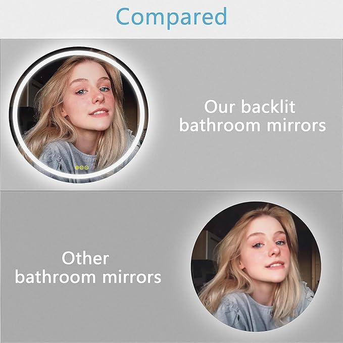 OKISS Round Bathroom Mirror with Lights 24 Inch 3000K/4500K/6400K Wall Vanity Mirror with Anti-Fog Round Led Mirror 3 Color, Dimmable, Memory Smart Touch Button