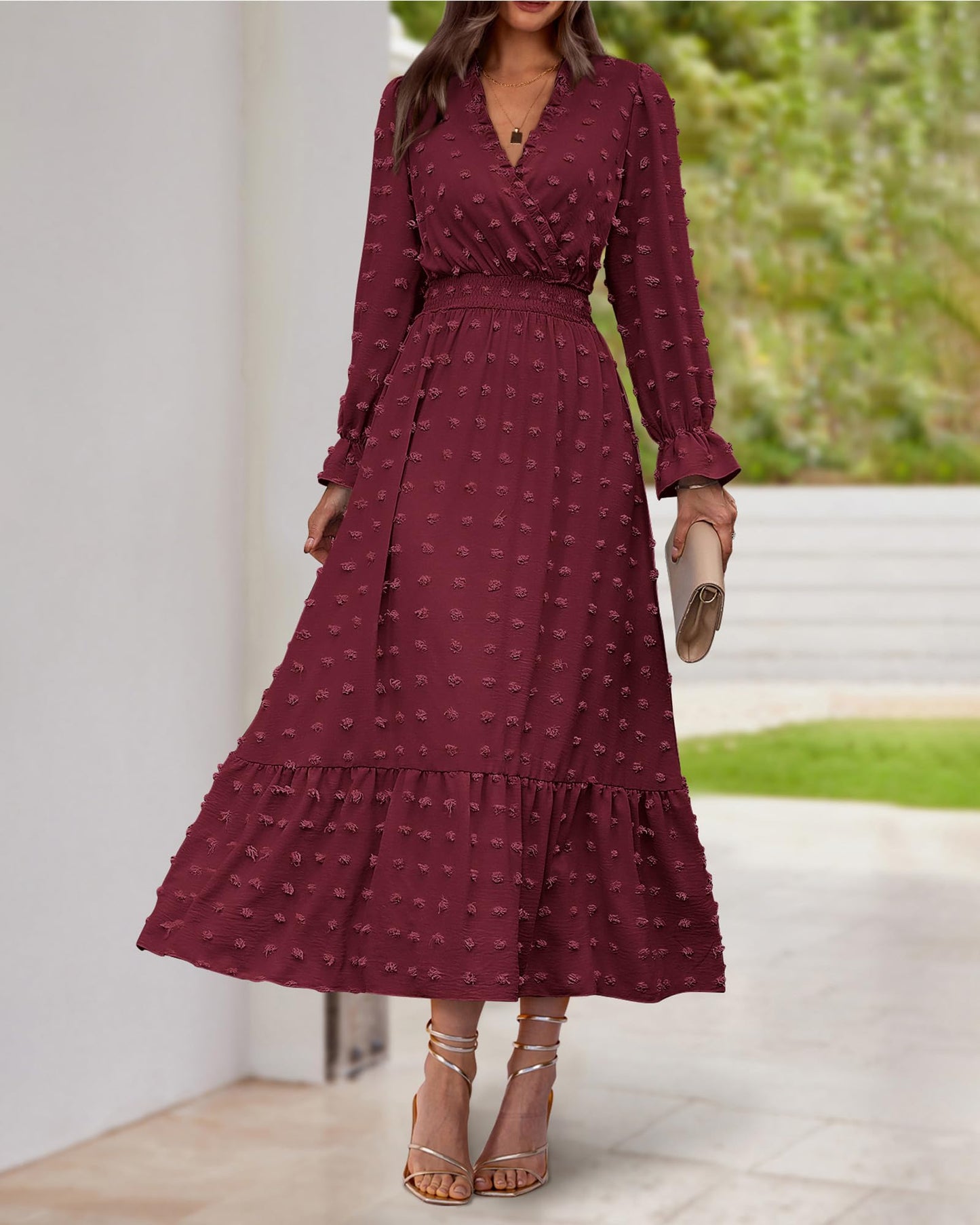 BTFBM Women Fall Maxi Dresses 2025 Long Sleeve V Neck Swiss Dots High Waisted A-Line Ruffle Boho Long Dress Vacation(Wine Red,Small)