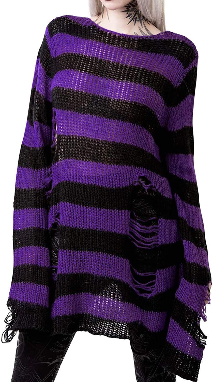 Vinsekep Women's Punk Gothic Sweater See Through Hole Ripped Striped Long Knit Pullover Dress Sweaters Shirt Black Purple Oversize OneSize
