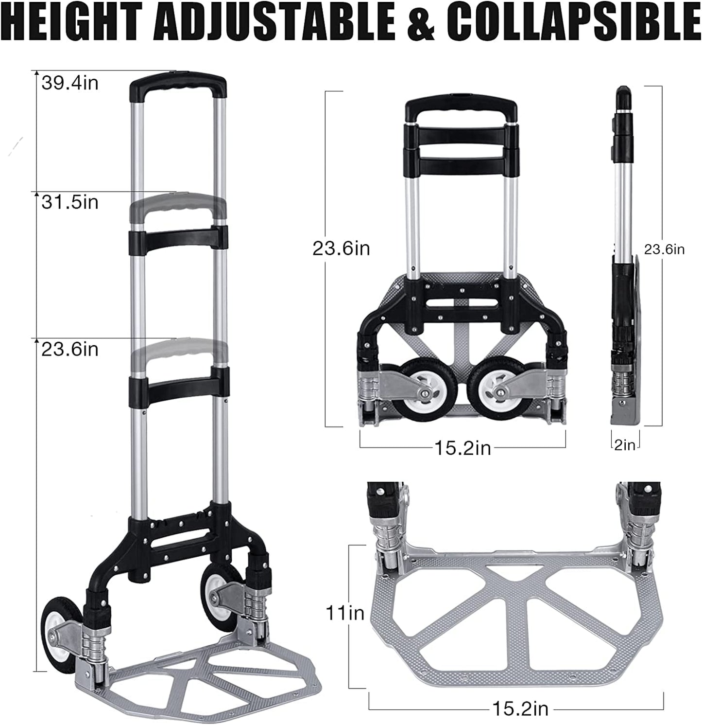 Folding Hand Truck Dolly Aluminum Folding Hand Cart Luggage Trolley Cart Max 175lbs Capacity Dolly Cart, with Telescoping Handle and Rubber Wheels, Double Bearings