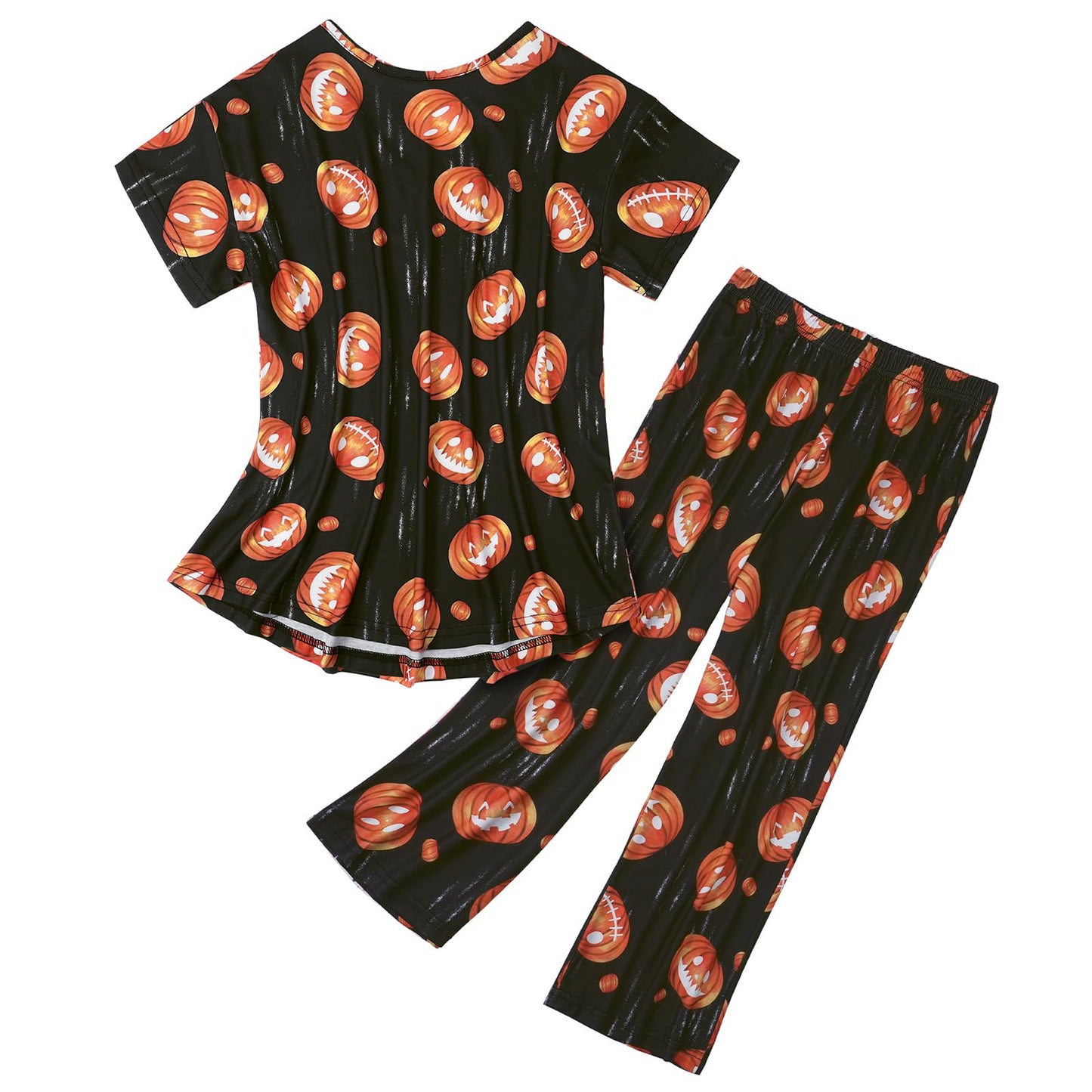 Halloween Pajamas for Women Set Orange Pajama Pumpkin Lounge Set White Pj Set Cotton Soft Sleepwear Tops with Capri Pants Black Pumpkin 3XL