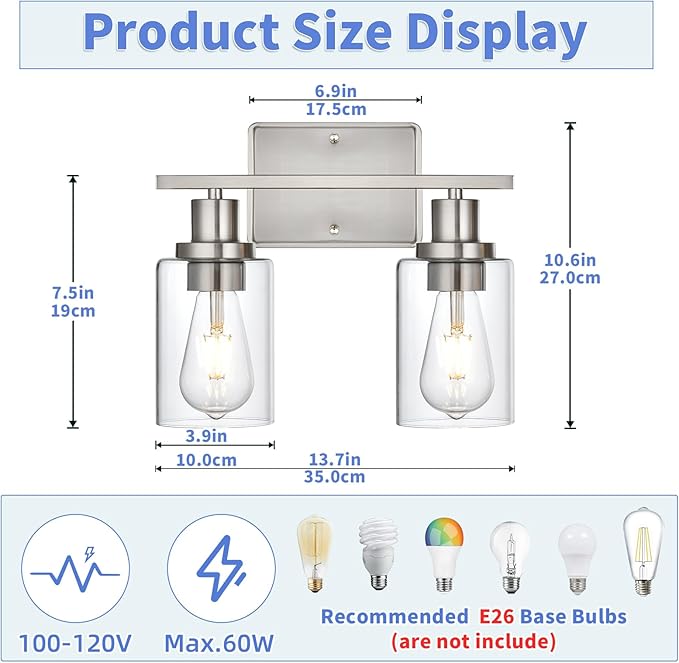 2-Light Bathroom Light Fixtures,Brushed Nickel Vanity Light, Bathroom Lighting Fixtures Over Mirror,Modern Wall Lamp,Wall Lights for Living Room, Bedroom,Hallway