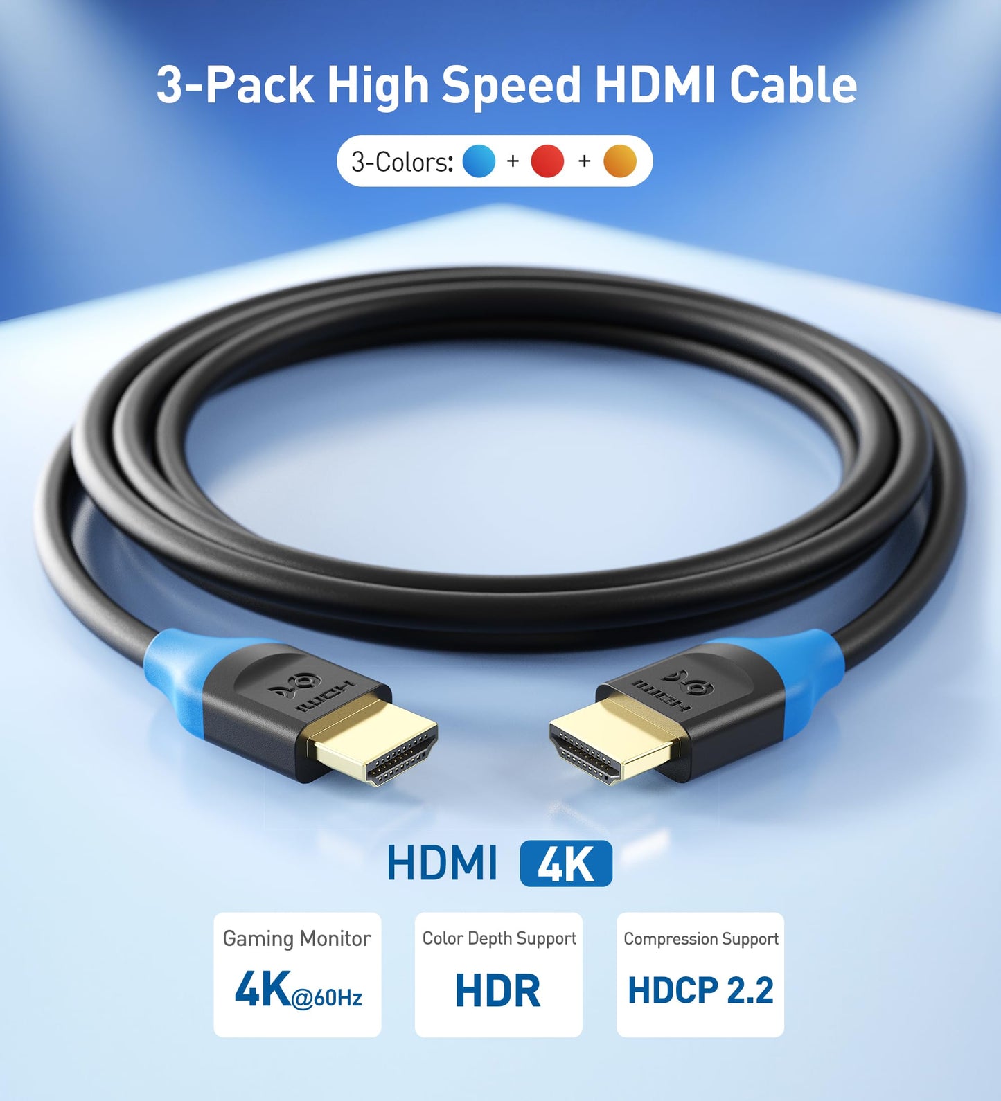 Cable Matters 3-Pack High Speed HDMI Cable 3 ft with 4K @60Hz, 2K @144Hz, FreeSync, G-SYNC and HDR Support for Gaming Monitor, PC, Apple TV, and More