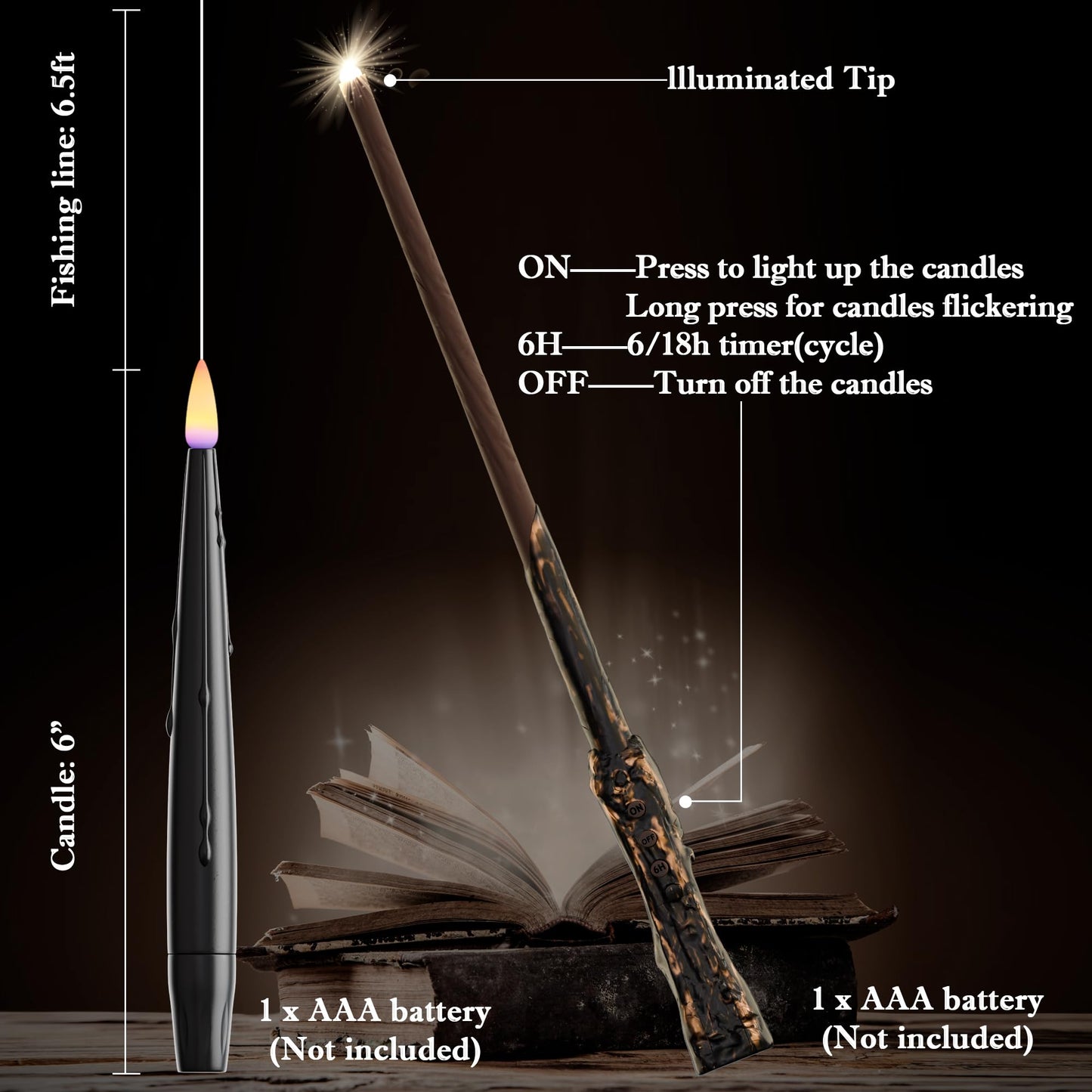 JOIONE Floating Candles with Wand, 12 Pack Flameless Candles Magic Hanging Taper Candles with Wand Remote, Battery Operated Candles for Halloween Christmas Birthday Party Decor Black