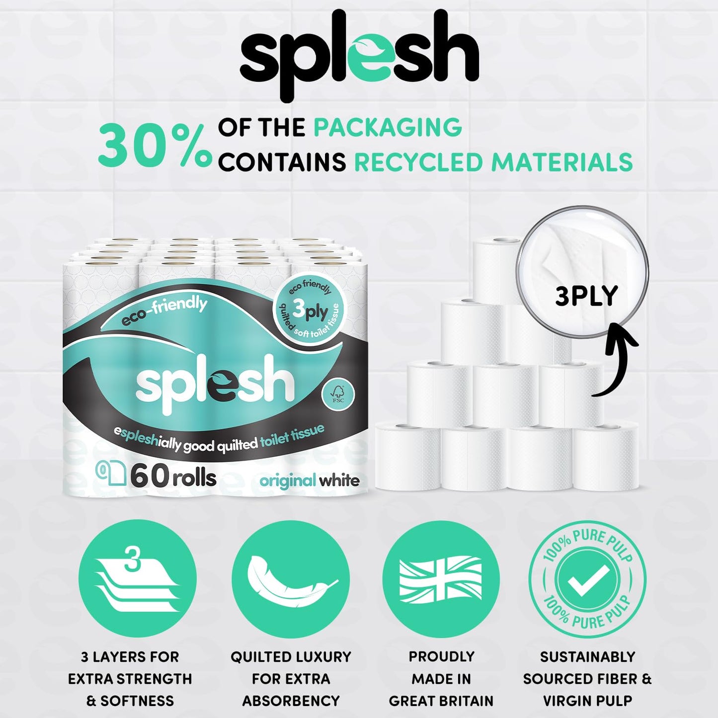 Splesh by Cusheen 3-ply Toilet Roll - Unscented (60 Pack) Soft, Quilted Bulk Toilet Rolls, Toilet Tissue and Loo Rolls – Eco-Friendly Toilet Paper Sustainably Crafted in The UK