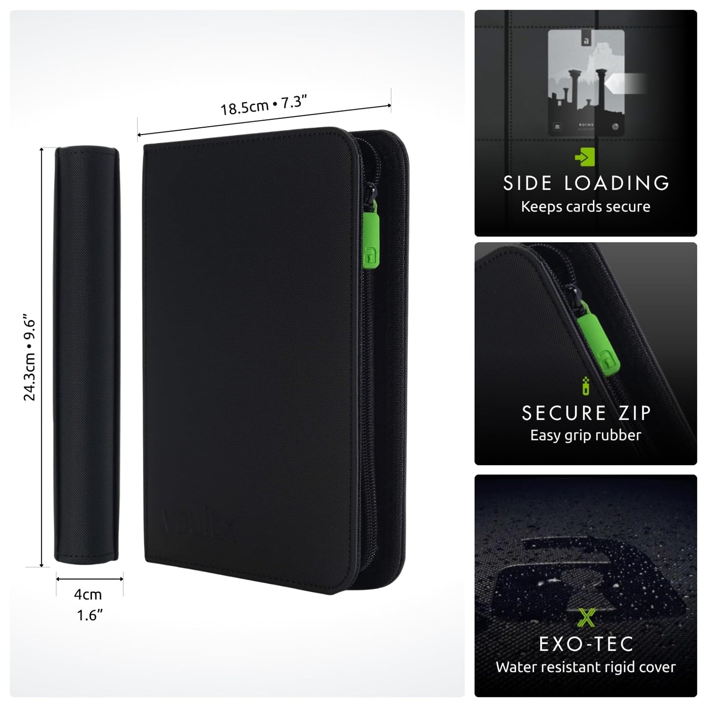 Vault X 4 Pocket Trading Card Zip Binder, 160 Cards, Premium Exo-Tec Album Material, 20 Side-Loading Pages, Folder for Collectible Games, Sports, TCG (Black)