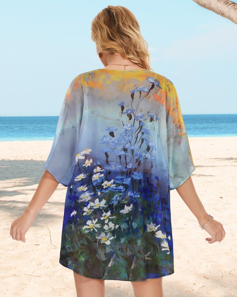 Womens Casual Tops Bathing Suit Cover Up Summer Kimono Cardigan Hawaiian Shirts (Sunset and Flowers, XXL)