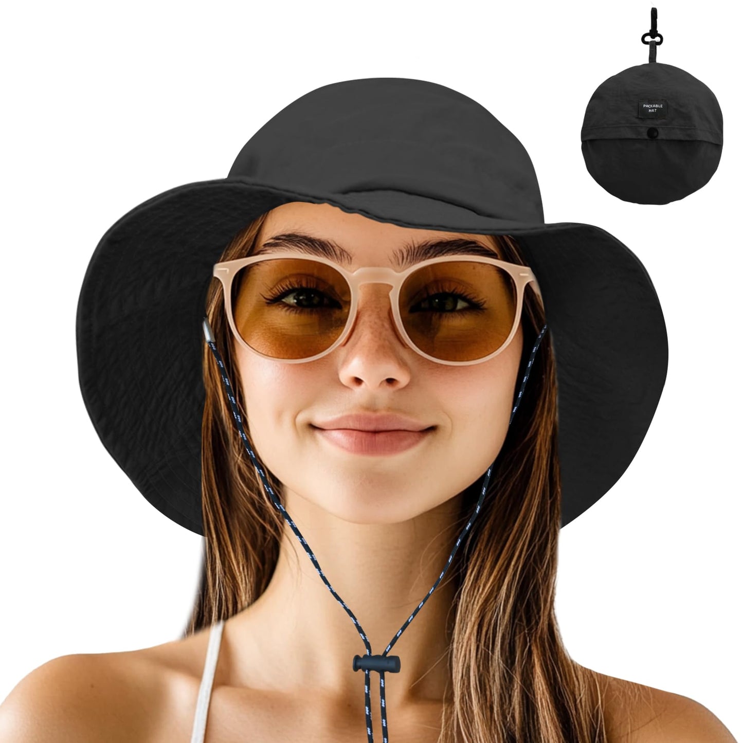 NPJY Packable Quick Dry Sun Bucket Hats for Women Lightweight Outdoor Waterproof Rain Hat with Detachable Chin Strap Small-Medium (Size: 22-22 3/4) Black