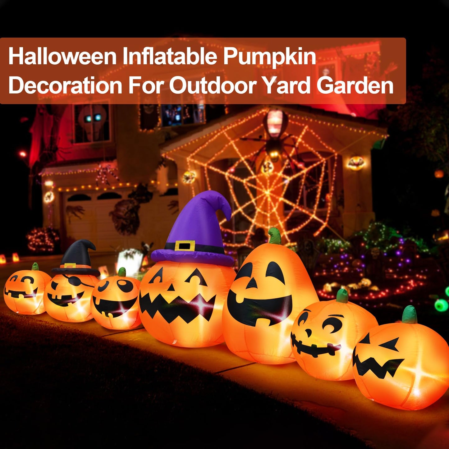 12 Ft Long Halloween Inflatables Pumpkins Outdoor Yard Decoration, 7 PCS Blow up Pumpkins and 2 Witch Hats Built-in LED Lights for Home Holiday Party Lawn Patio Outside