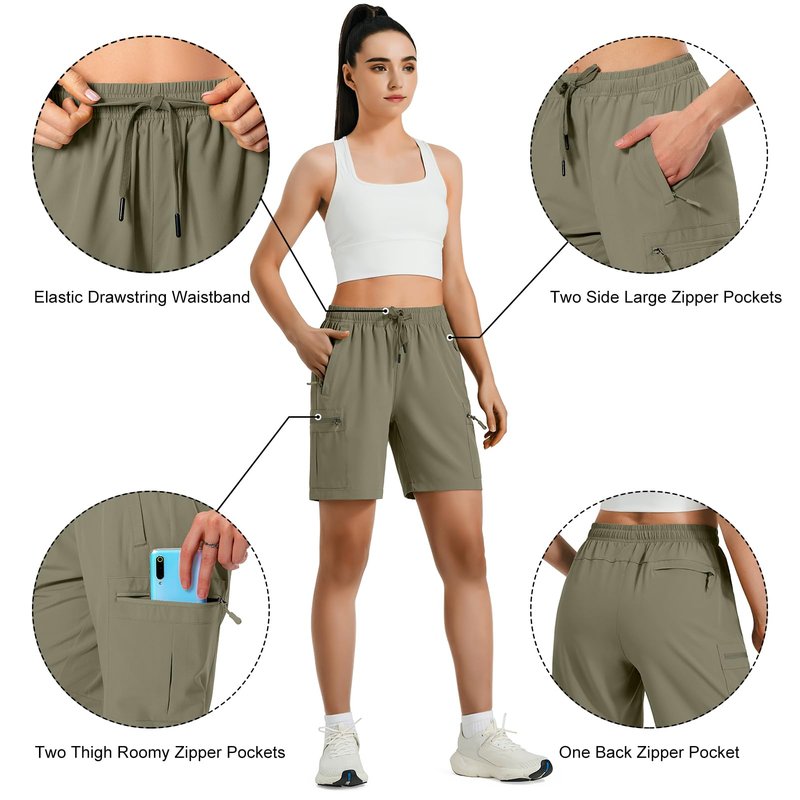 Hugut Women's Lightweight Hiking Cargo Shorts Quick Dry Athletic Shorts Camping Travel Golf Zipper Pockets Water Resistant Slate Green
