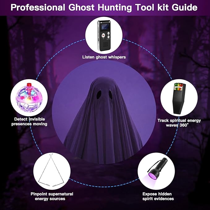 7-in-1 Ghost Hunting Equipment Kit for Paranormal Enthusiasts,Includes EMF Meter,EVP,Dowsing Rods,UV Light & Cat Balls-Novelty Set for Entertainment Use