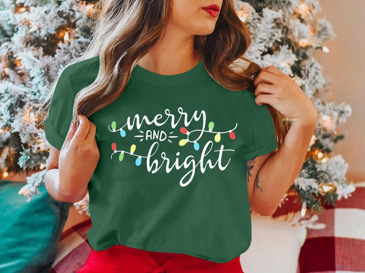 Christmas Shirts for Women Merry and Bright Shirt Xmas Holiday Tshirt Graphic Christmas Lights Tee Tops Green