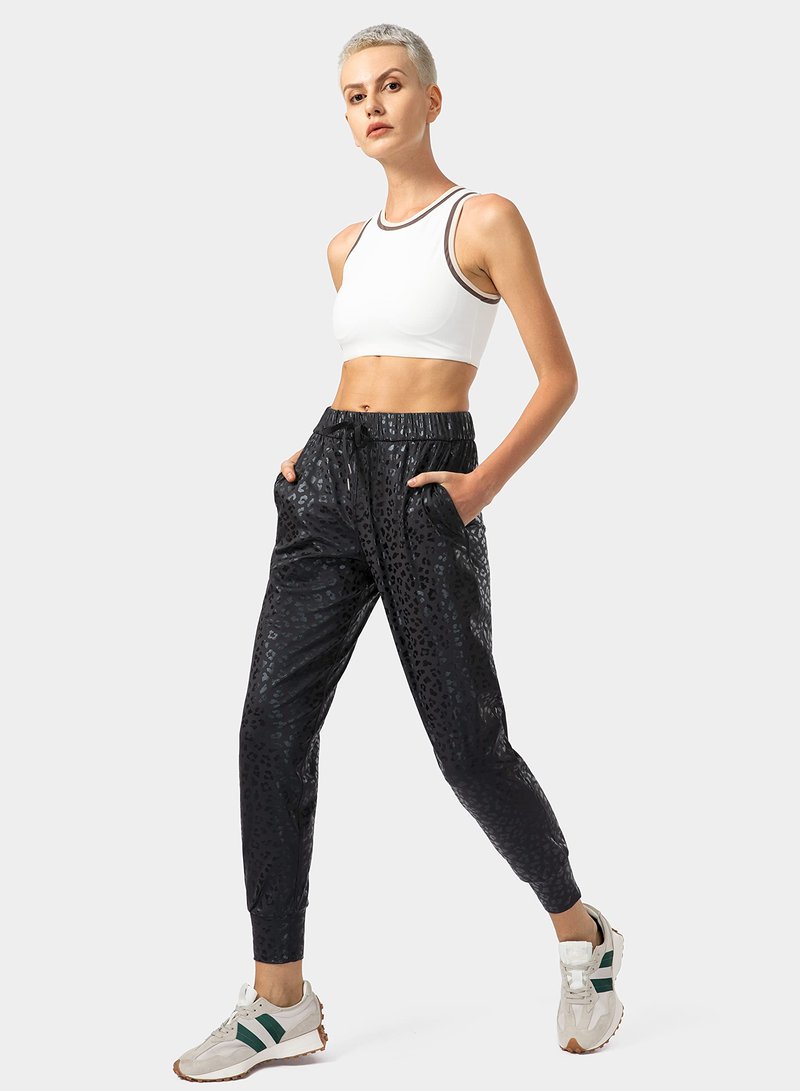 SANTINY Women's Joggers Pants Pockets Drawstring Running Sweatpants for Women Lounge Workout Jogging(Black Leopard_L)