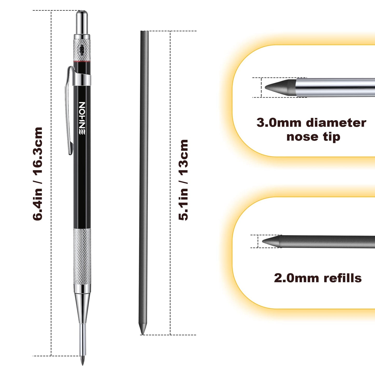 Enhon 2mm Mechanical Carpenter Pencil Set with 12 Marker Refills and Sharpener, Woodworking Marking Tool Solid Deep Hole Construction Pencil, Extended Needle-Nose Tip for Use in Jobs (Black)