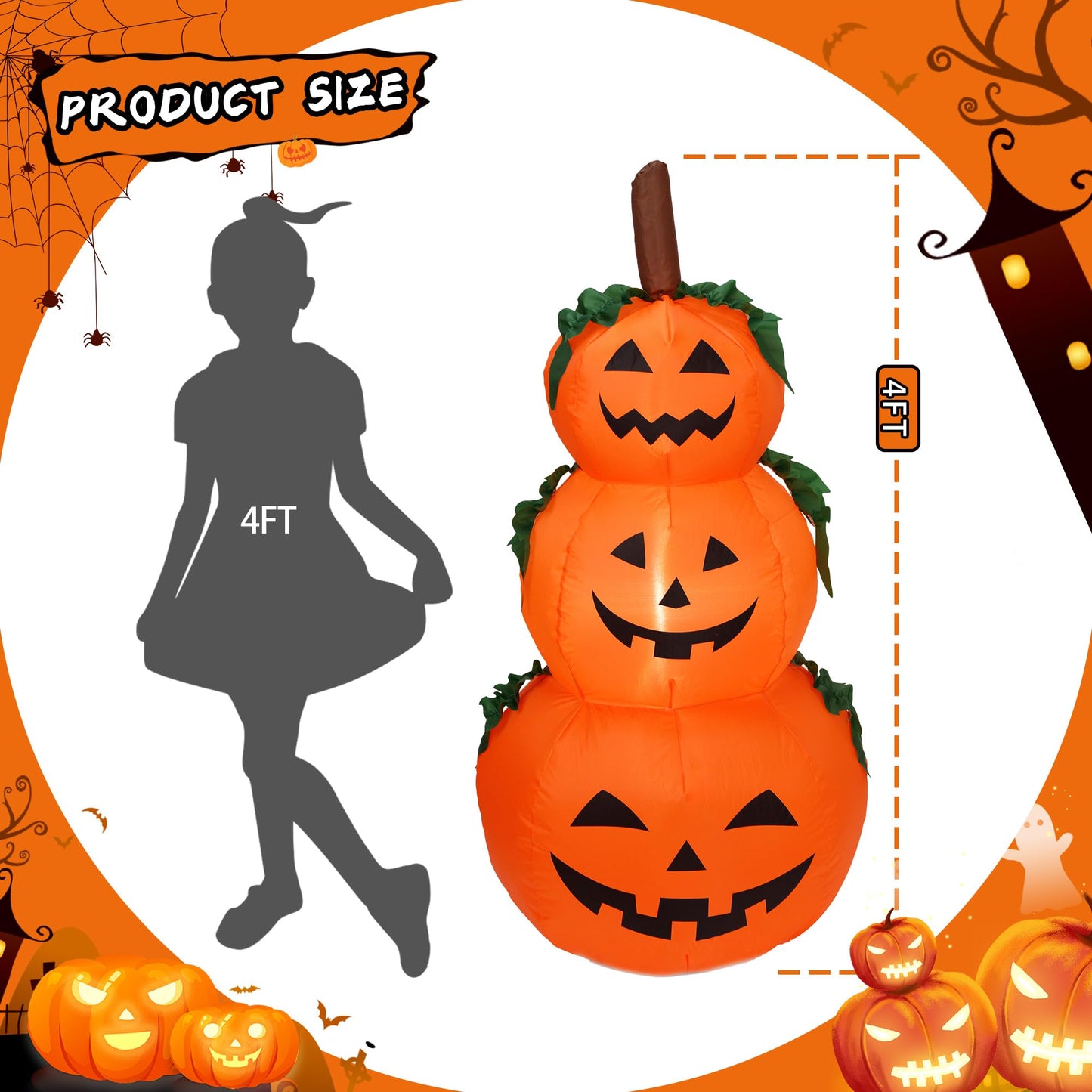DearSun 4FT Halloween Inflatable Pumpkins Decor Blow up Pumpkin Stacked Halloween Decorations Outer Decoration Large Party Yard Decoration (Pumpkin 3)