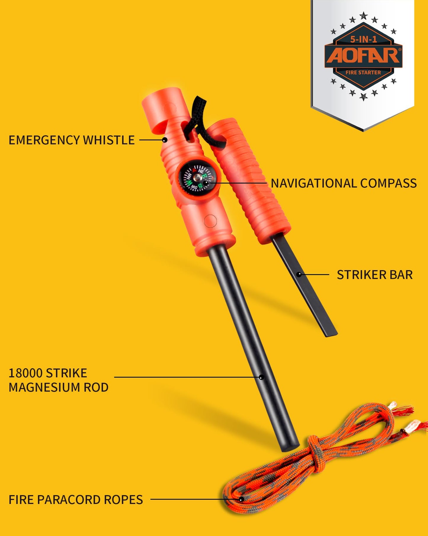 AOFAR Fire Starter AF-381 Fire Steel 5-in-1 for Camping, Hiking, Hunting, Backpacking, Boating, Outdoor Magnesium Survival Rod with Fire Paracord, Compass and Whistle, Waterproof (2-Pack)…