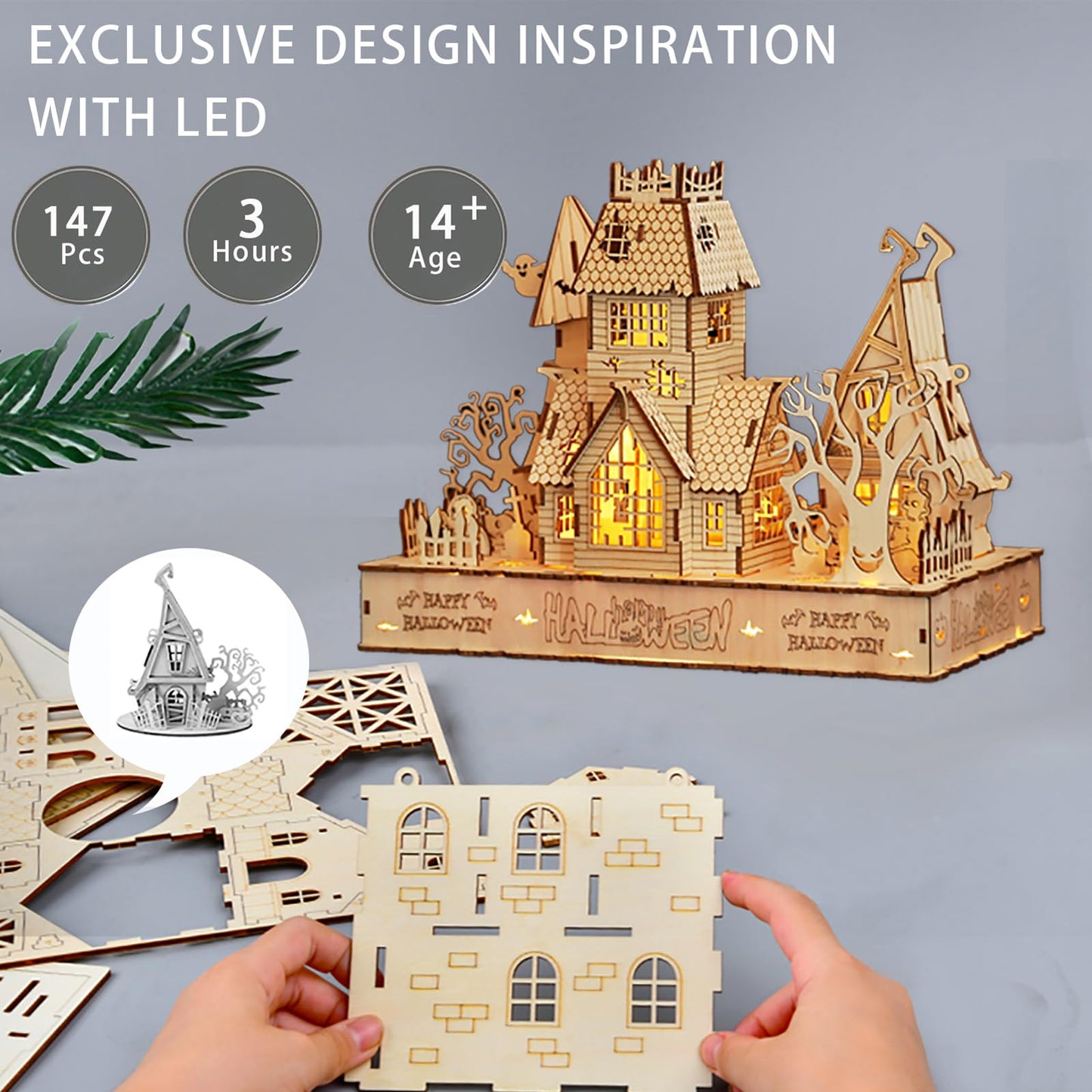 3D Wooden Halloween Haunted House Puzzles, Wood Creative Glow in The Dark Haunted House Puzzle, Assembly Model Building Kits to Build for Adults & Kids, Halloween Decor Model Kits