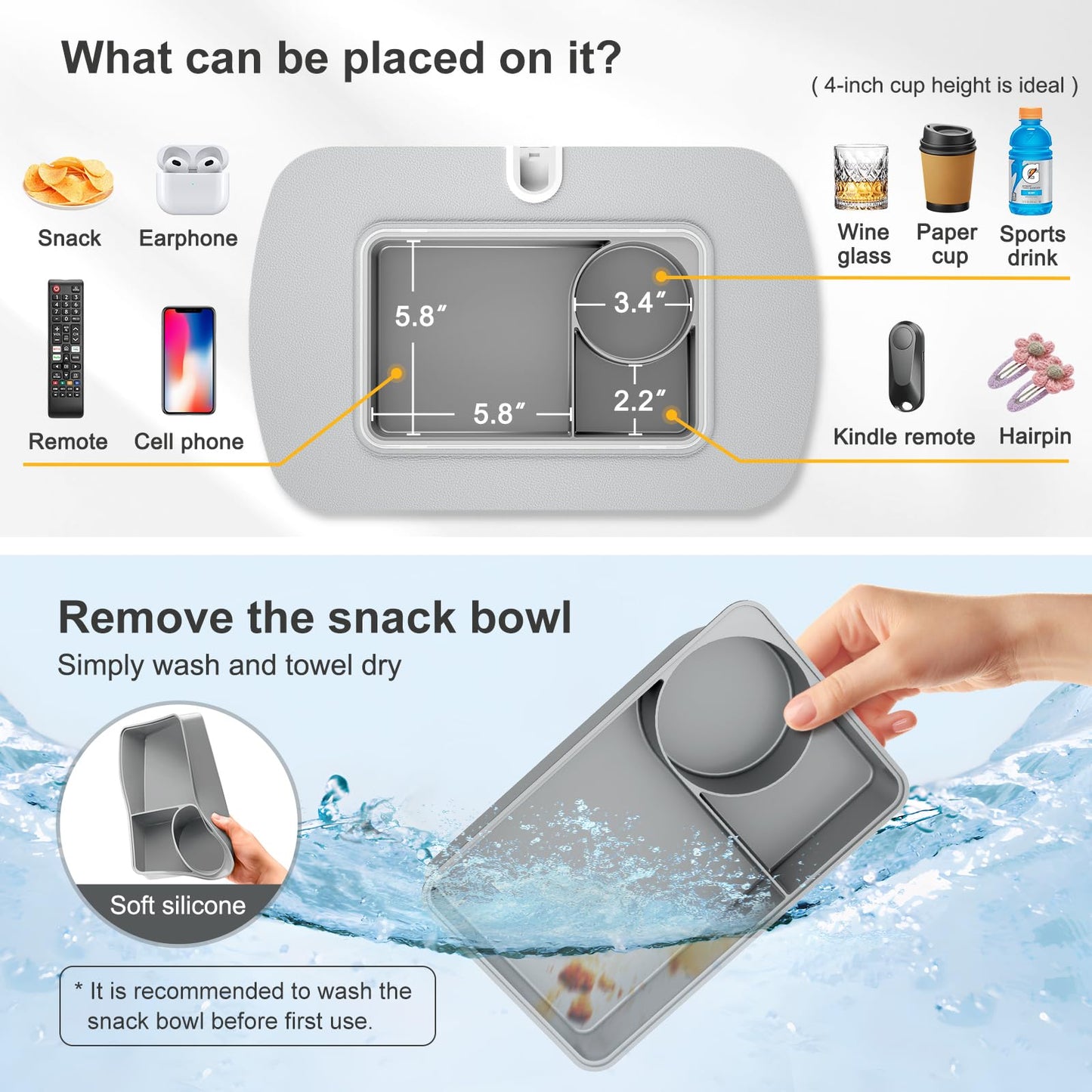 ERGONOV Tablet Stand Pillow with Snack Bowl, iPad Lap Holder for Hands-Free Reading and Relaxation on Bed,Couch,Recliner, 360° Rotating Clip for 4.7-13" Kindle,eBook,Tablet,iPhone (Light Gray)