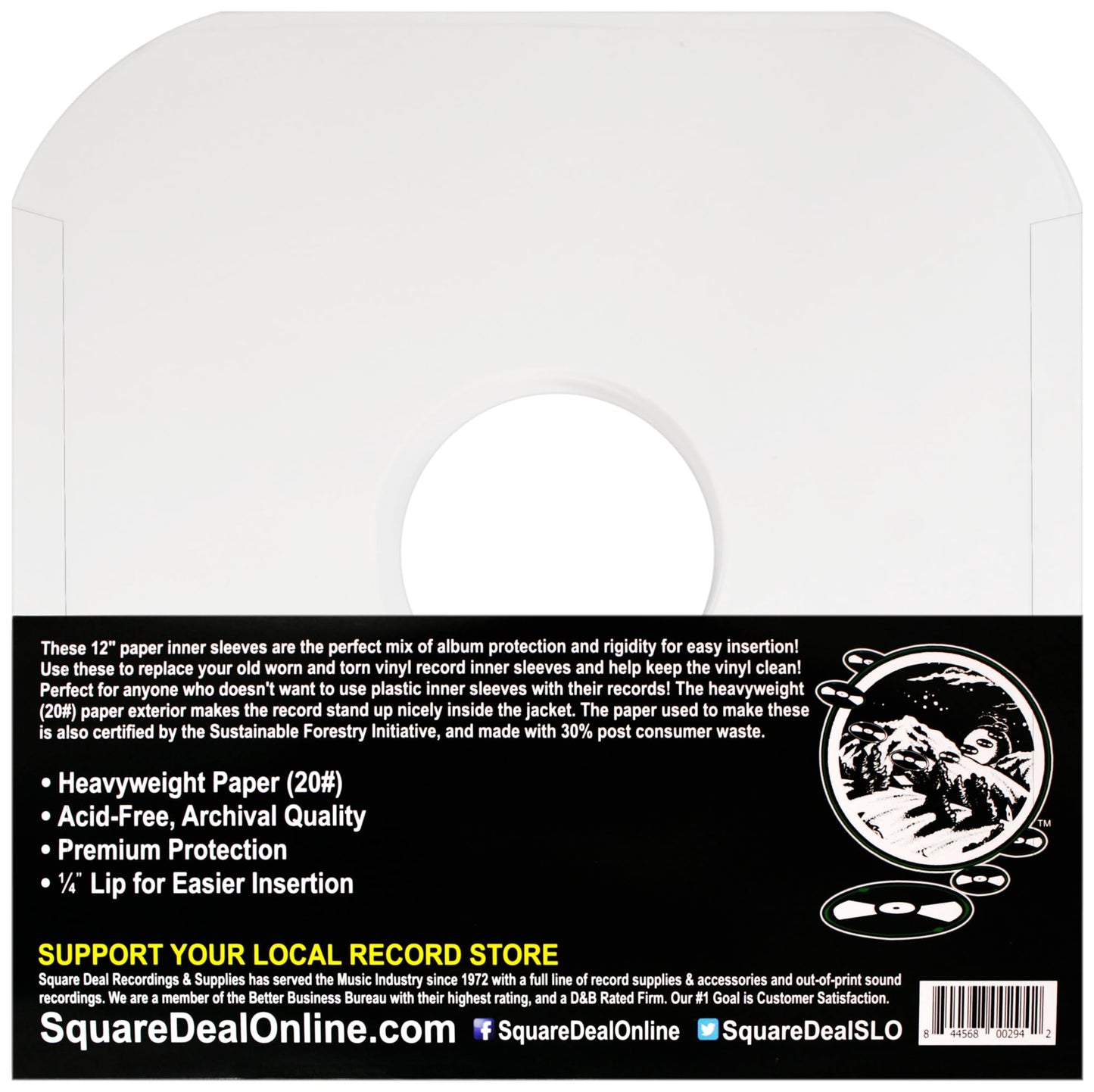 (100) Archival Quality Acid-Free Heavyweight Paper Inner Sleeves with Hole for 12" Vinyl Records - Durable 20# Paper - Easy Record Insertion - #12IW