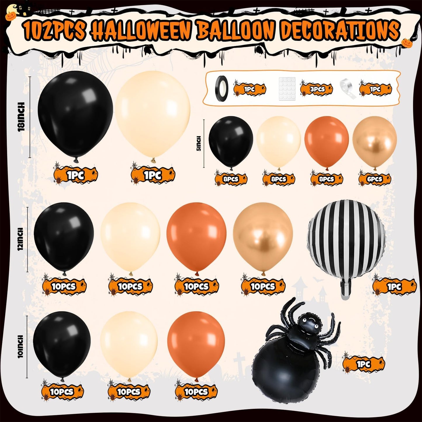 Halloween Balloon Arch Garland Kit, Black Burnt Orange Sand White Retro Orange Balloons, Spider and Black Striped Foil Balloons for Kids Halloween Birthday Party Decorations Baby Shower Backdrop