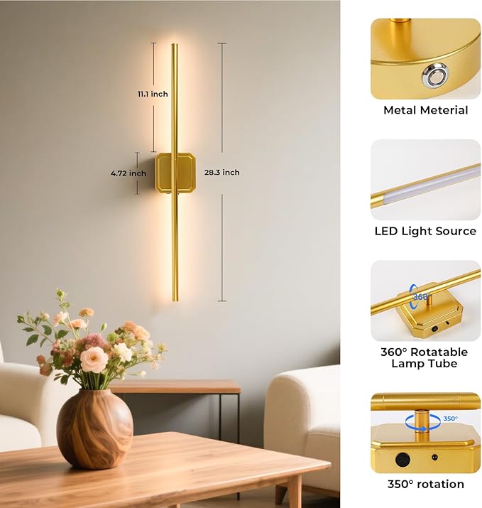 10000mAh Battery Operated Wall Sconce Detachable, Wireless Wall Lamp 3000-6500K Dimmable, Modern Rechargeable Wall Light for Bedroom, Living Room, 28.3" Gold (1 Pack)