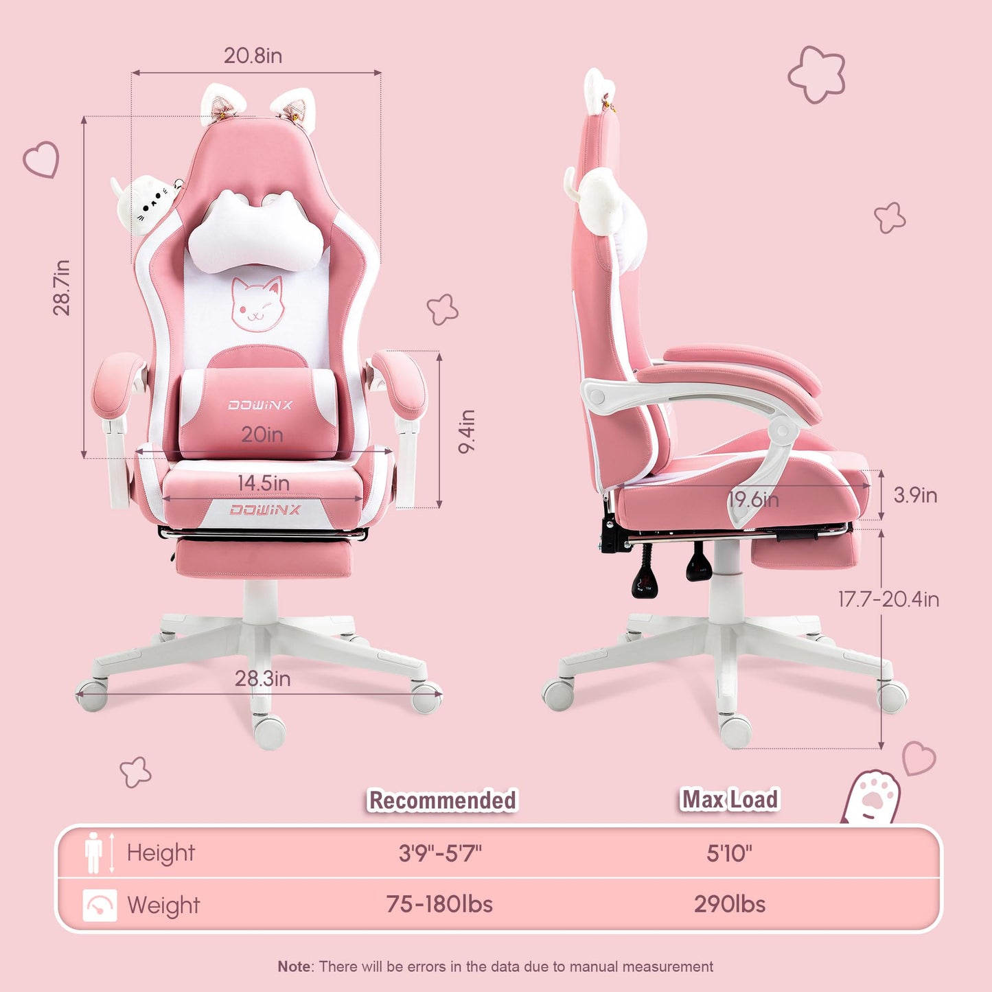 Dowinx Gaming Chair Cute with Cat Ears and Massage Lumbar Support, Ergonomic Computer Chair for Girl with Footrest and Headrest, Comfortable Reclining Game Chair 290lbs for Adult, Teen, Pink