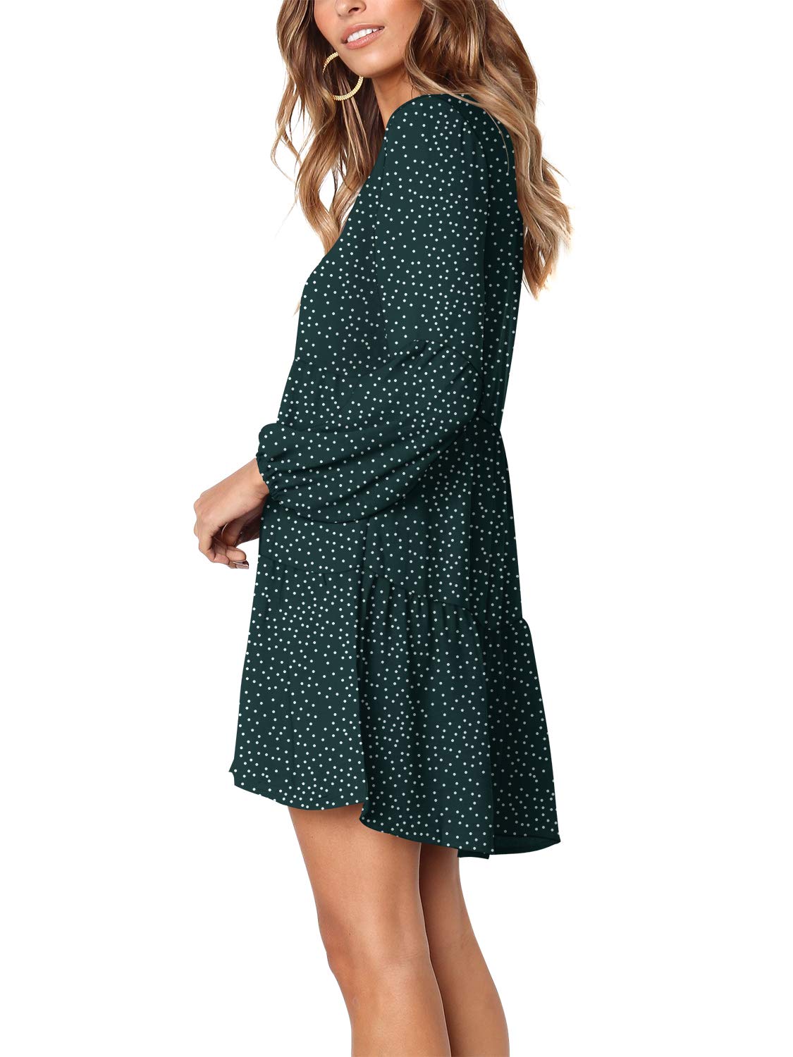 Amoretu Womens V Neck Bishop Long Sleeves Polka Dot Loose Fit Tunic Dress, Summer, Fall, 2025 (Green, S)