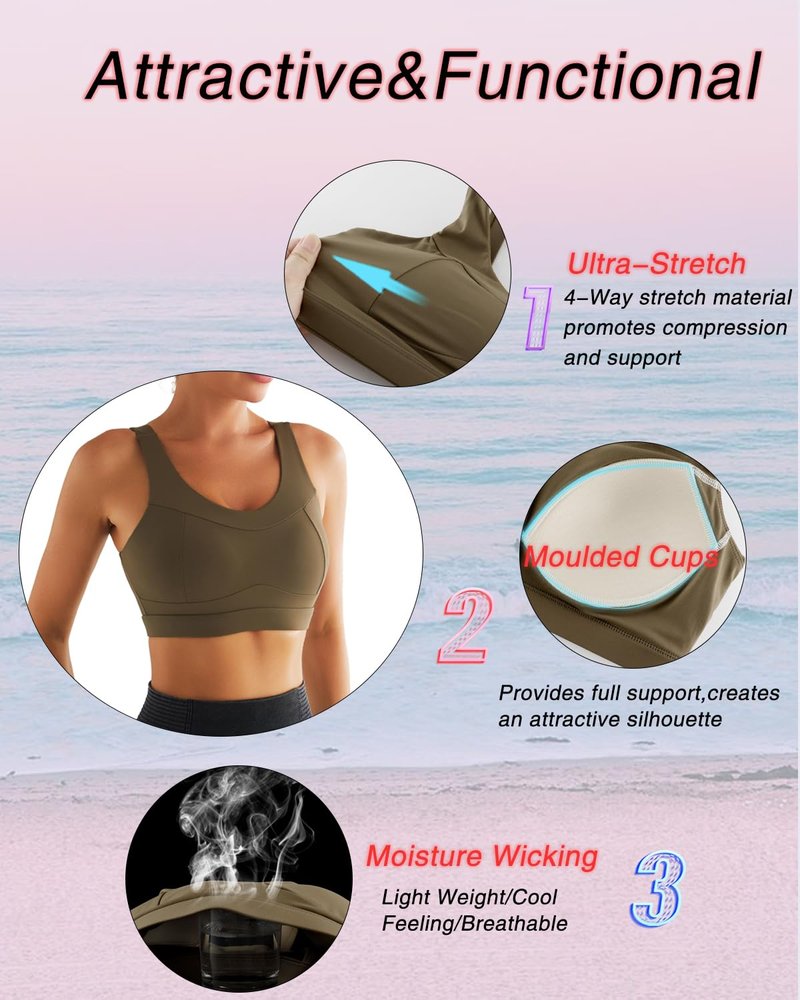 RUNNING GIRL High Impact Sports Bras for Women,Racerback Running Bra Workout Crop Tank Tops Longline Sports Bra Push up(WX2667 Oak Brown 3XL)