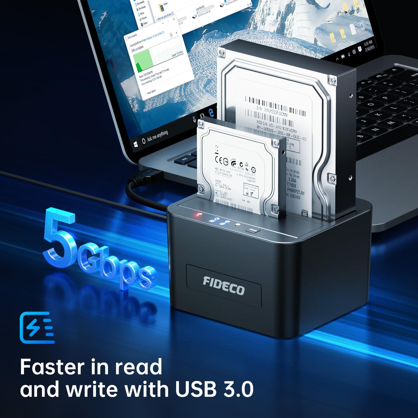 FIDECO External Hard Drive Docking Station, Hard Drive Dock for 2.5 and 3.5 inch SATA HDD SSD, HDD Docking Station with Dual Bay, USB 3.0 Hard Drive Reader, Support Offline Clone and UASP