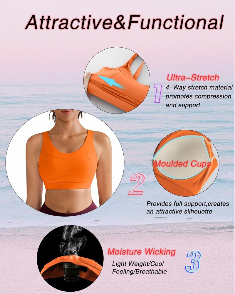 RUNNING GIRL High Impact Sports Bras for Women,Racerback Running Bra Workout Crop Tank Tops Longline Sports Bra Push up(WX2667 Orange L)