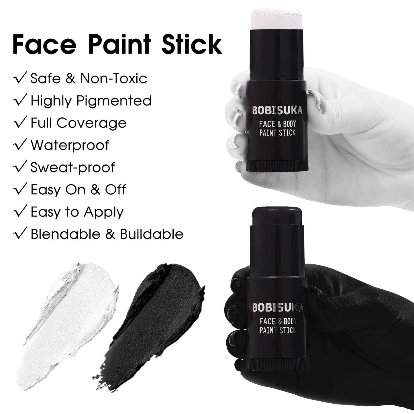 BOBISUKA Black White Face Paint Stick with Setting Powder Set, Eye Black Sticks for Sports, Body Paints for Clown Skeleton Vampire Skull Cosplay Special Effects Costume SFX Halloween Makeup Kit