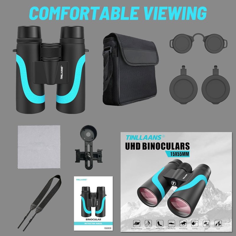 15x55 UHD Binoculars for Adults High Powered with Phone Adapter - Large View, BAK4 Prism, Waterproof, Lightweight for Bird Watching, Hunting, Cruise, Travel, Camping (Blue)