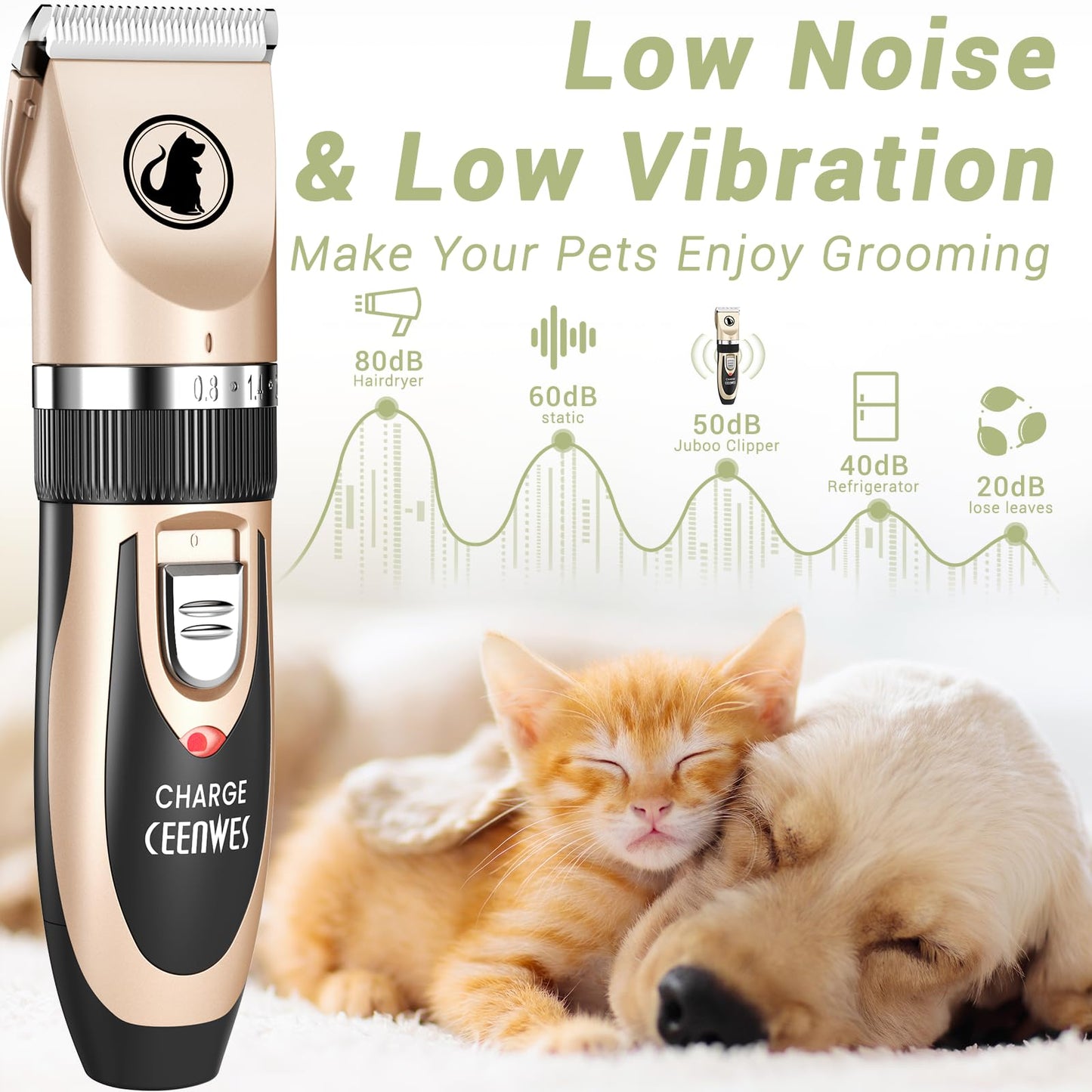 Ceenwes Dog Clippers Low Noise Pet Clippers Rechargeable Trimmer Cordless Grooming Tool Professional Dog Hair Trimmer with Comb Guides Scissors for Dogs Cats & Others(Gold)