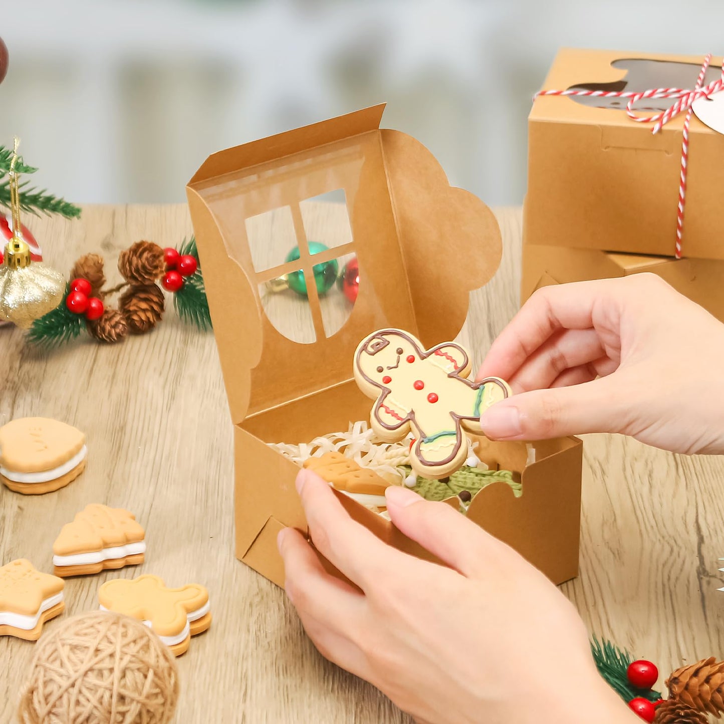COTOPHER 18Pcs Christmas Cookie Boxes with Window, 4x4x2.5 inch Kraft Brown Bakery Boxes for Gift Giving, Mini Cake Boxes for Treat Donuts Chocolate Strawberries Pastries Muffins