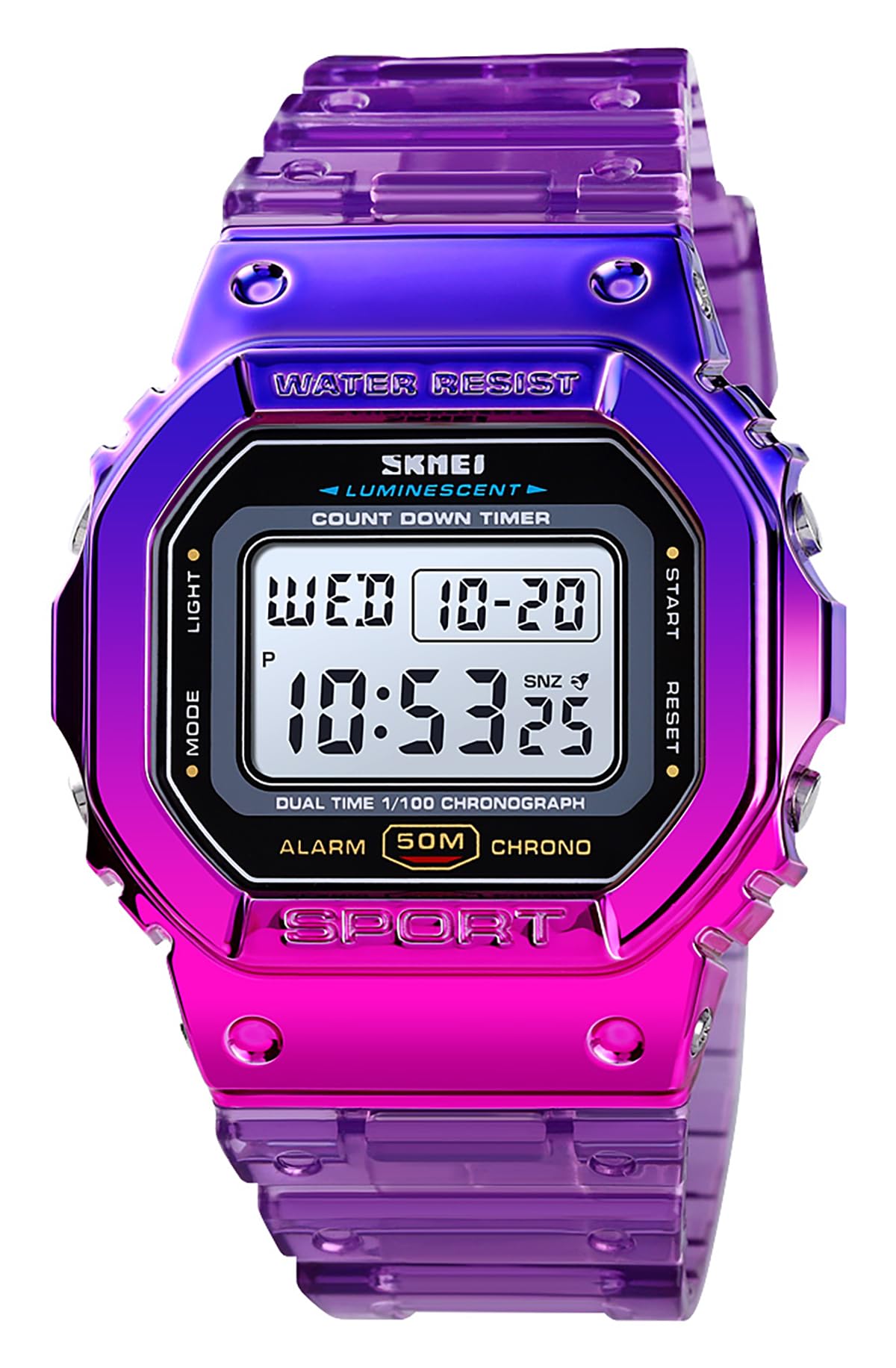 FANMIS Mens Military Multifunction Digital Watches 50M Water Resistant Electronic 7 Color LED Backlight Black Sports Watch (Y Purple)