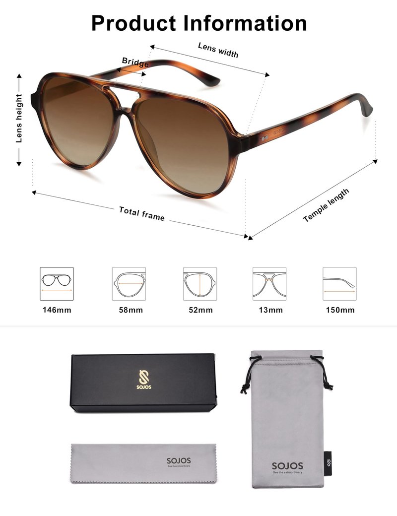 SOJOS Classic Polarized Aviator Sunglasses for Women Men, Retro Trendy Aviators Shades SJ2201, Dark Brown Pattern/Green