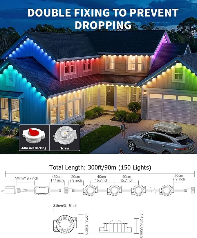 Permanent Outdoor Lights for House, 300ft Smart RGB LED Lights Outside with 16 Million DIY Colors, IP67 Waterproof Eternity Eaves Lighting for Christmas Halloween Holiday Daily Decorations