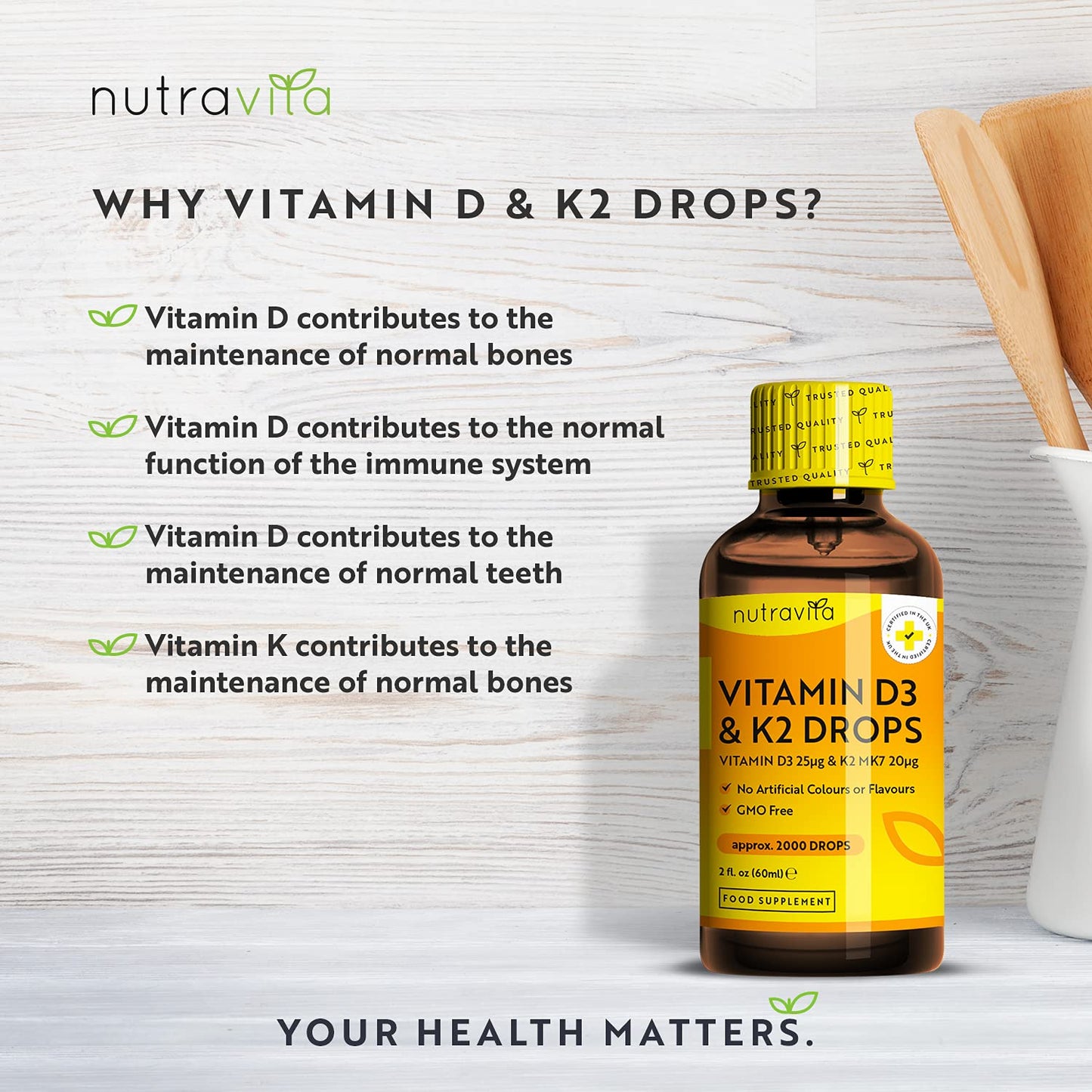High Strength Vitamin D3 K2 MK7 Drops - Vitamin D 1000IU & K2 20ug per 2 Drops - 60ml Liquid Vitamin D3 and K2-1+ Year Supply Supports Immune System, Normal Bones, Muscles & Teeth