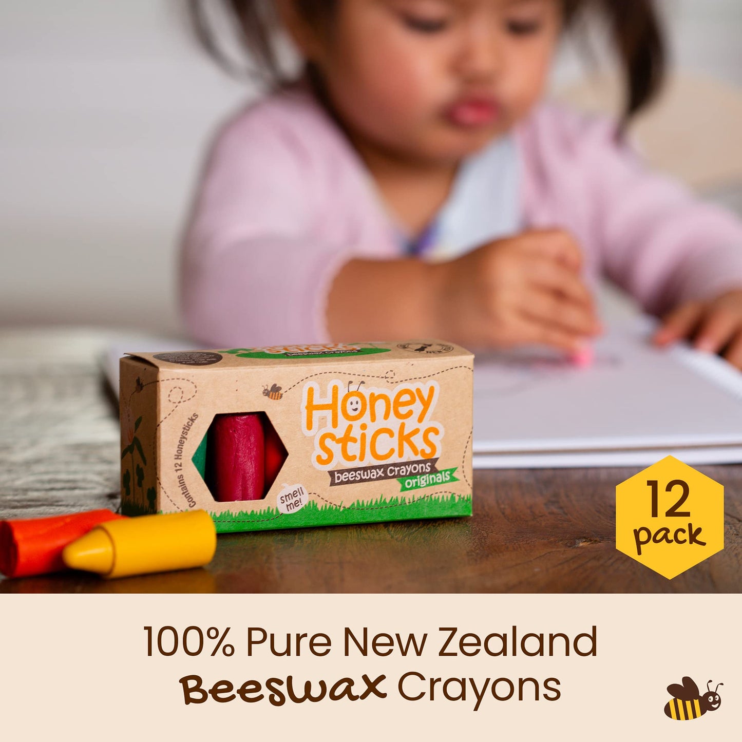 Honeysticks 100% Pure Beeswax Crayons (12 Pack) - Non Toxic Crayons, Safe for Babies and Toddlers, for 1 Year Plus, Handmade in New Zealand with Natural Beeswax, Food-Grade Colors, Eco-Friendly
