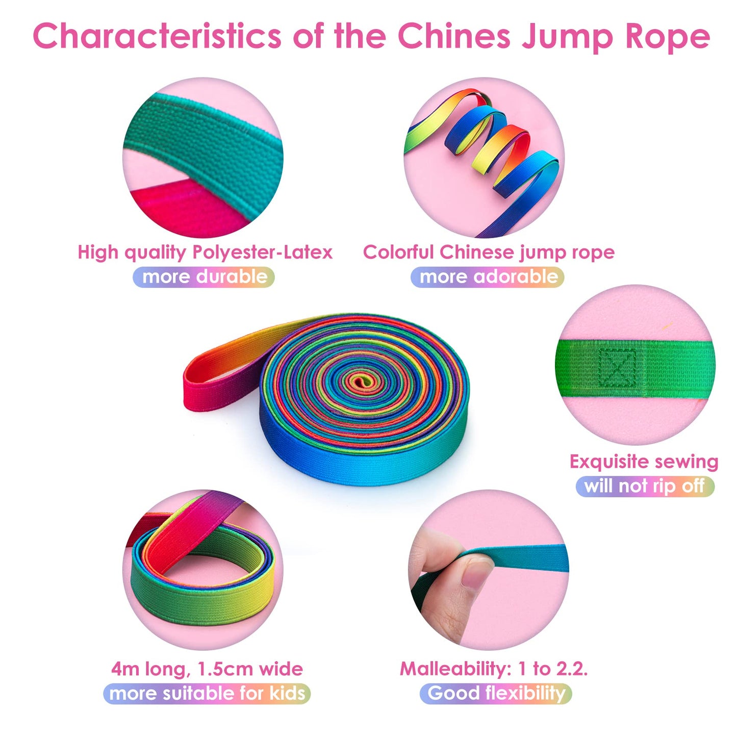 Cikyner Chinese Jump Rope, 2 Pack 4m Long 1.5cm Wide Elastic Chinese Ropes with Instructions French Skipping Rainbow Band for Children Jumpsies Games Indoors and Outdoors, Ideal for Gifts for Kids
