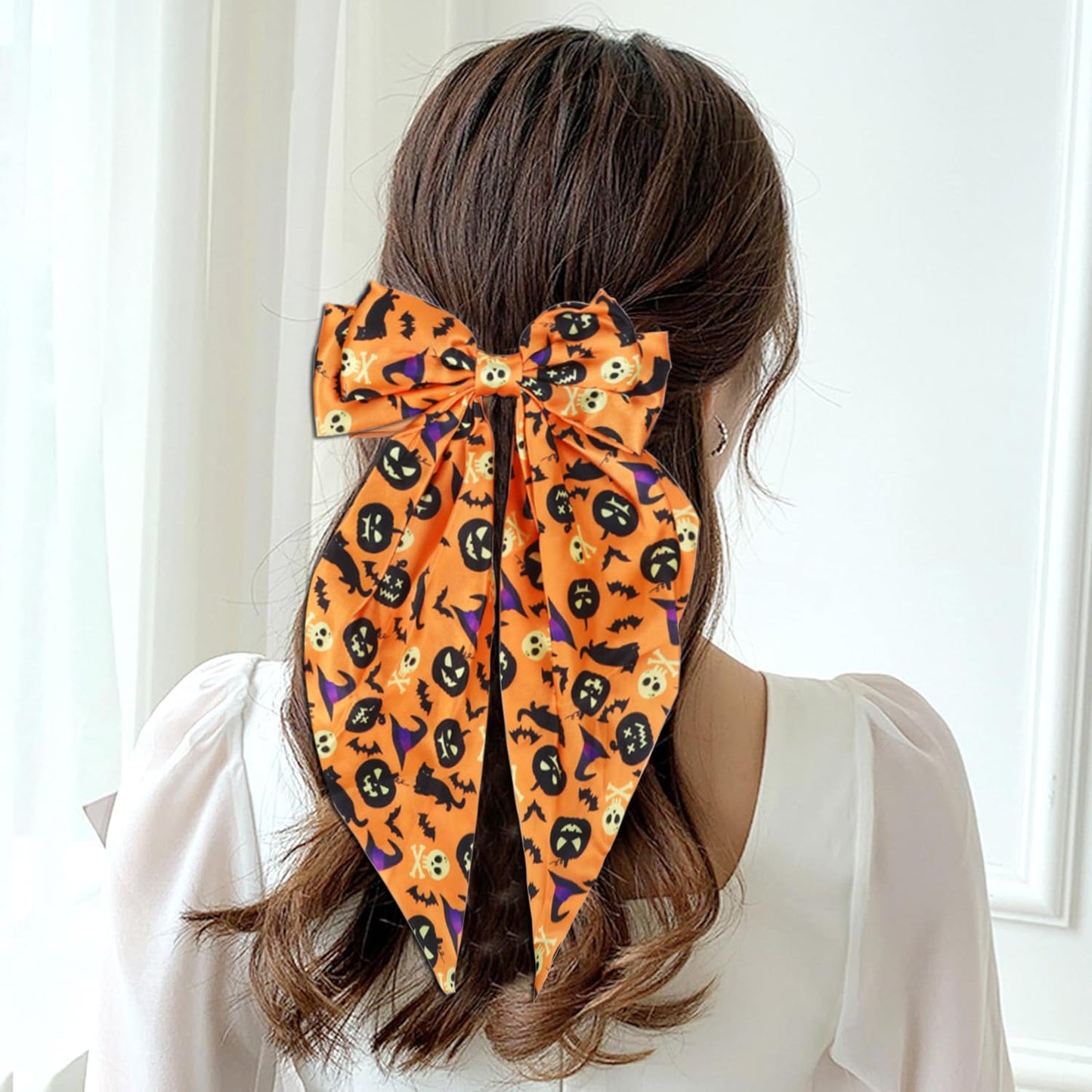 Halloween Silky Satin Hair Bows for Women,Big Ribbon Bow Hair Clips for Girls, Oversized Long Tail Hair Barrettes Cute Hair Accessories (Halloween purple)