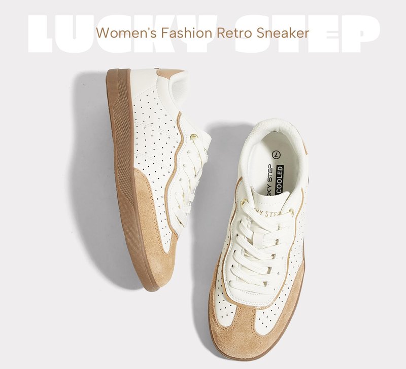 LUCKY STEP Women's Retro Cour Fashion Sneakers Casual Low Top Cow Suede Walking Shoes Anti-Slip Gum Rubber Sole Tennis Skate Footwear(White/Brown,7)