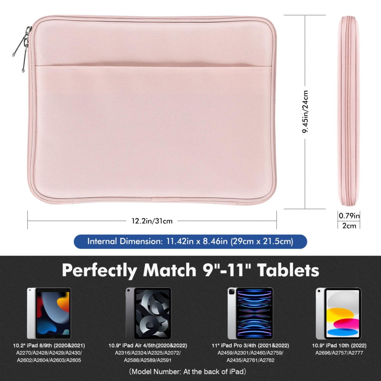MoKo 9-11 Inch Tablet Sleeve, Protective Carrying Bag with Two Compartments Fits New iPad Air/Pro 11 inch 2024, iPad Air 5/4th 10.9, iPad 9/8/7th 10.2, iPad 10th 10.9, Tab S8/S9 11, Pink